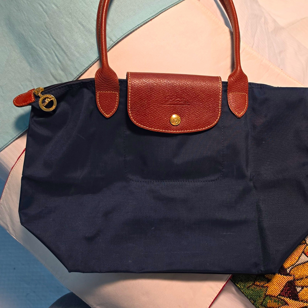 Longchamp 15" Navy/Brown Nylon Leather Tote Top Handle Zip Snap Gold Hardware